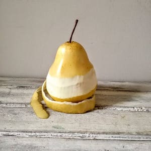 Peeled plastic pear sculpture, life size yellow pear, vintage, rustic decor pear, large plastic pear, plastic fruit decor, late eighties