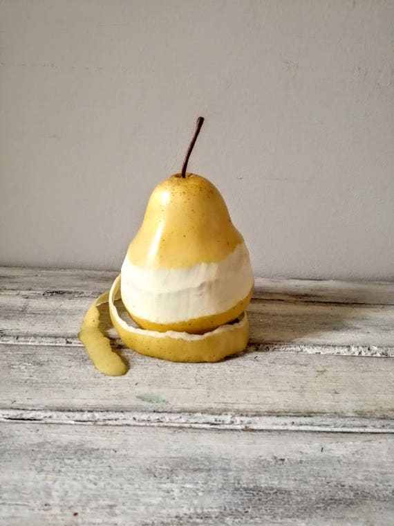 Peeled plastic pear sculpture, life size yellow pear, vintage, rustic decor pear, large plastic pear, plastic fruit decor, late eighties