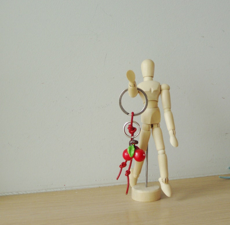 plastic red and green keychain for girls and women red cherries bead on red leather Cherries keychain summer keyring