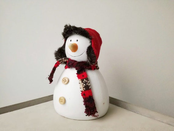 Ceramic snowman figurine, vintage snowman with red cap and scarf, Christmas decor snowman, handmade snowman figure, cute rustic snowman