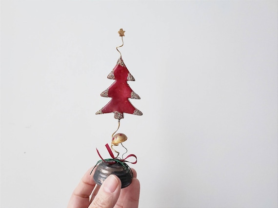 Red Chistmas tree, Xmas fir trees with baubles, ceramic Christmas tree miniature on brown base, unique xmas decor tree