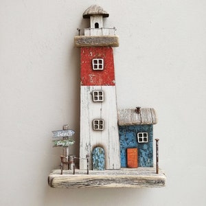 Decorative wooden lighthouse, rustic boho lighthouse, beach house decor lighthouse, vintage driftwood lighthouse, blue white red lighthouse