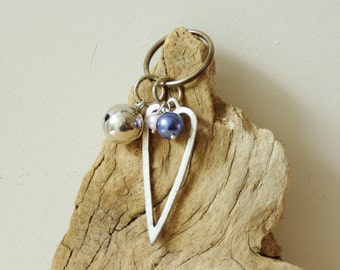 Long heart keychain with silver bell and faux pearls, alloy heart  and bell key ringwith royal blue and pale lilac faux pearls