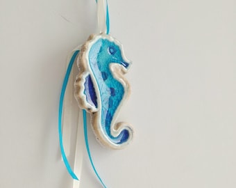 Blue sea horse wall hanging, ceramic blue sea horse for the wall, rustic boho sea horse, handbuilt sea horse wall hanging with cracked glaze