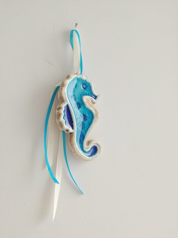 Blue sea horse wall hanging, ceramic blue sea horse for the wall, rustic boho sea horse, handbuilt sea horse wall hanging with cracked glaze