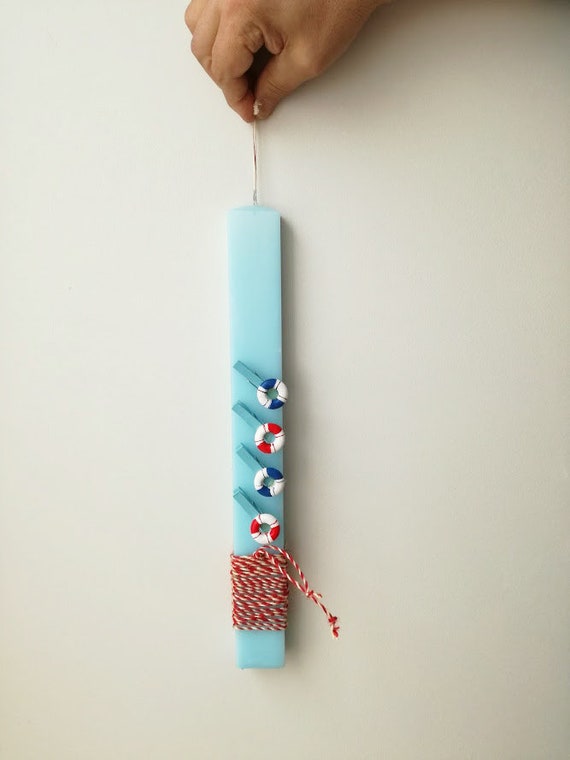 Life belt Easter candle, Greek Easter candle with life saver miniatures on mini clothespins, boys Easter candle, white blue red lambada