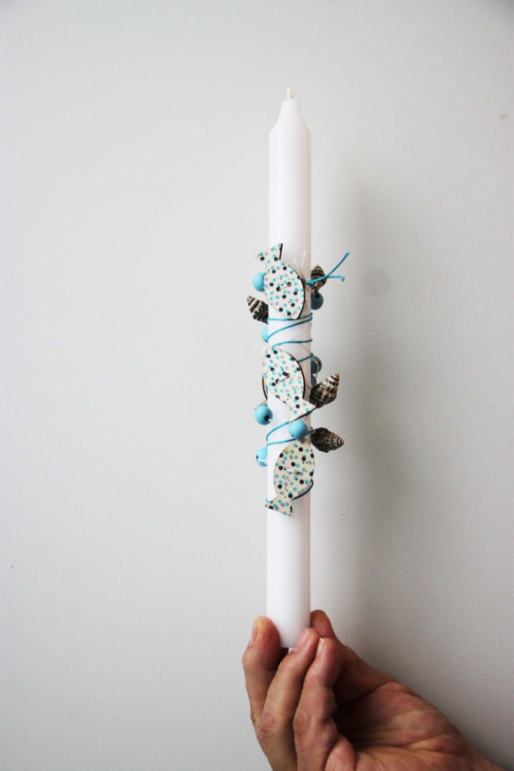 Greek Easter candle with fish and shells trim, short, white Easter