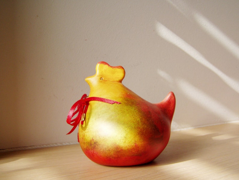 Easter hen in red yellow, ceramic chicken Easter decor image 2