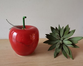 Red apple sculpture, life size ceramic apple, red ceramic apple with glossy, red glaze, art object apple with wire stem