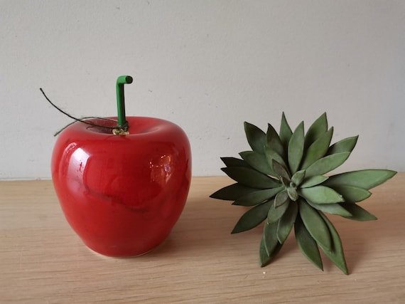 Red apple sculpture, life size ceramic apple, red ceramic apple with glossy, red glaze, art object apple with wire stem