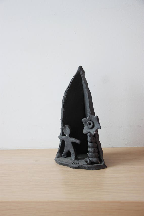 Primitive ceramic sculpture, figure and tree ceramic sculpture, art brute sculpture, folk art, black clay art object, primitive pottery