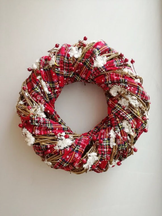 Plaid Christmas wreath, check ribbon and vines Xmas wreath, red tartan ribbon front door wreath with snow frost and berries, unique wreath