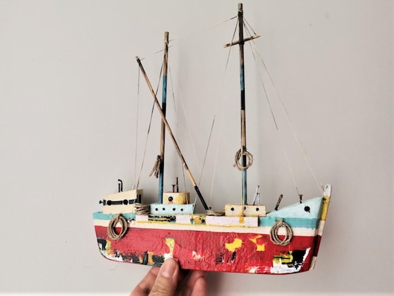 Wooden Greek sailboat, colourful sailboat of wood, metal, twine, etc, unique, Greek folk art boat, red sailboat art object, wooden boat