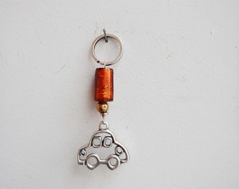 Silver car keychain, alloy car charm with orange glass bead key ring, car key holder with glass bead, mens' car key ring, mens accessories
