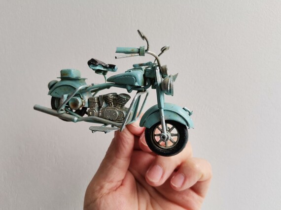 Blue motorbike miniature, vintage, metal miniature, old style motorbike, shabby decor, aqua blue tin miniature bike,