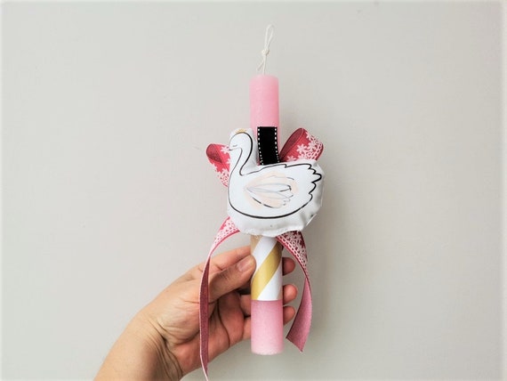Swan Easter candle, pink Easter candle for girls with white swan plushie, Easter candle for girls and baby girls with swan soft doll