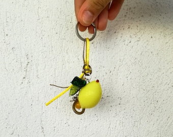 Lemon key chain, lemon fruit with green leaves, chefs', gardeners' keychain, yellow green keychain, lemon key ring with charms