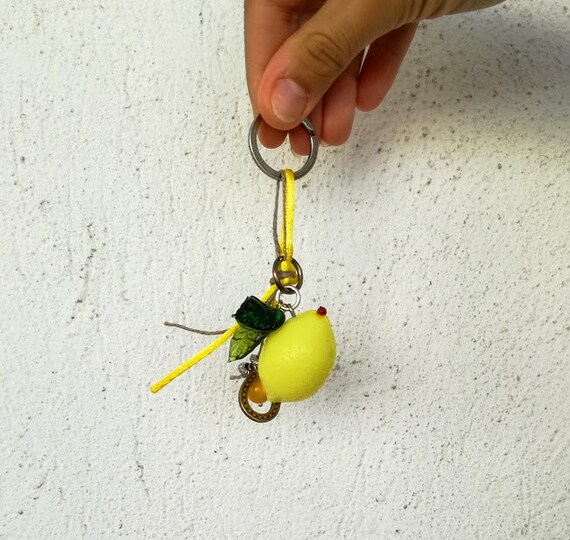 Lemon key chain, lemon fruit with green leaves, chefs', gardeners' keychain, yellow green keychain, lemon key ring with charms