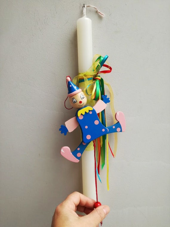 Clown puppet, Easter candle, white Easter candle with wooden clown puppet, movable parts, pink/blue clown, Greek lambada for kids and babies