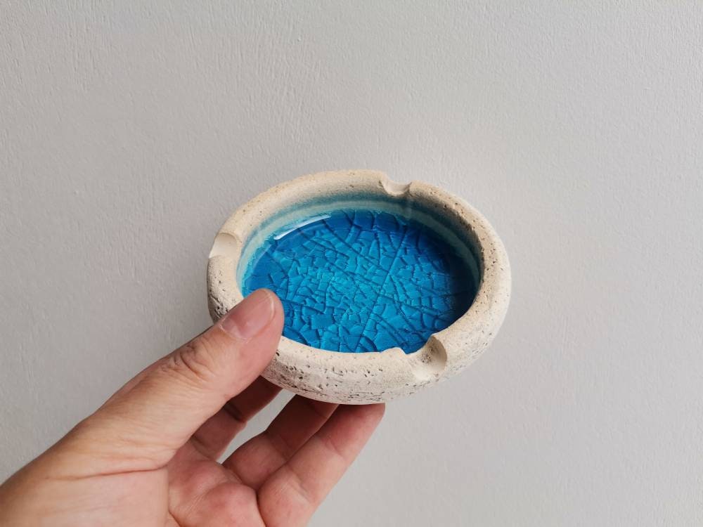 Blue ceramic ashtray, white clay ashtray in round shape, handmade