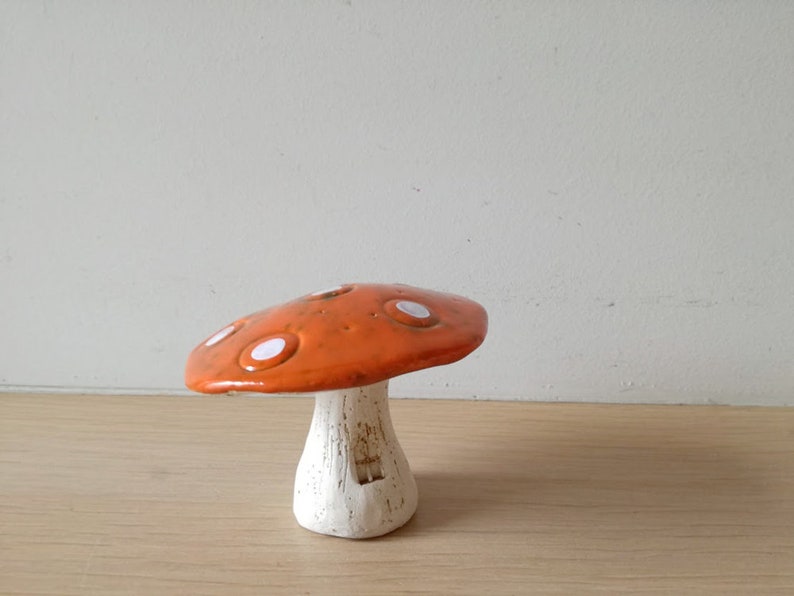 Ceramic mushroom, orange white toadstool mushroom, rustic toadstool mushroom, life size decorative mushroom, mushroom art object image 5