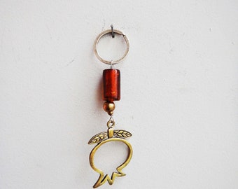 Pomegranate keychain, brass pomegranate charm with orange glass bead key ring, lucky pomegranate key ring, boho key ring, pomegranate gift