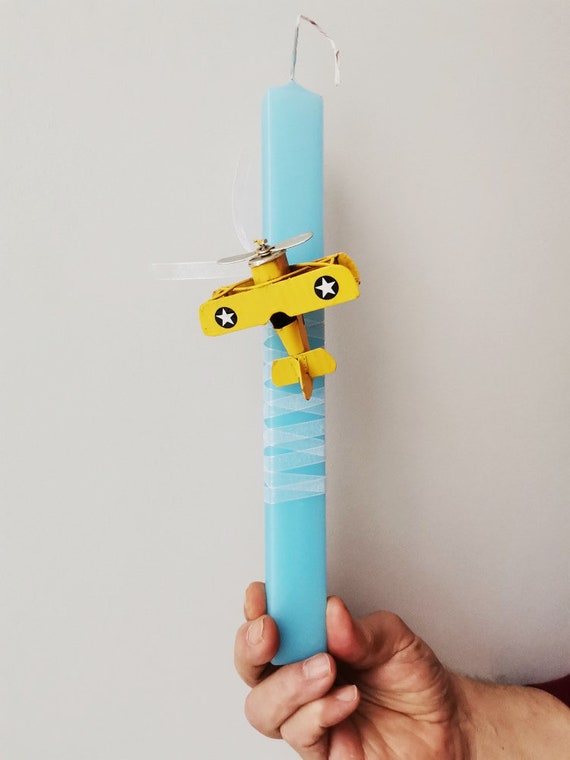 Greek Easter candle with yellow airoplane, light blue, Easter candle for boys with metal, aeroplane miniature, Greek lambada for boys