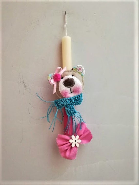 Plushie Easter candle, white Easter candle for kids with girl bear plushie, Easter candle for kids with stuffed bear girl ornament