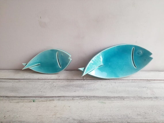 Blue fish plates, turquoise blue, porcelain fishie plates, big and small fish plates with quirky tails, aqua blue fish plates, set of two