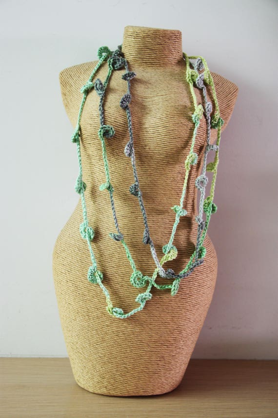Green crochet necklace, three strand crochet necklace in minty green, long green boho necklace, unique crochet necklace