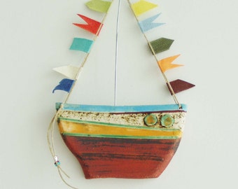 Ceramic boat wall hanging, colourful, rustic Greek boat with banners, stoneware pottery ceramic boat with fabric banners, made to order