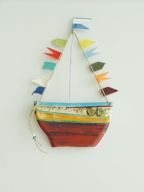 Ceramic boat wall hanging, colourful, rustic Greek boat with banners, stoneware pottery ceramic boat with fabric banners, made to order