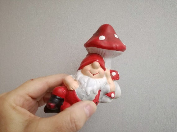 Gnome  and mushroom figurine, red white toadstool mushroom with red cap, white beard gnome,  vintage Xmas toadstool and gnome decor