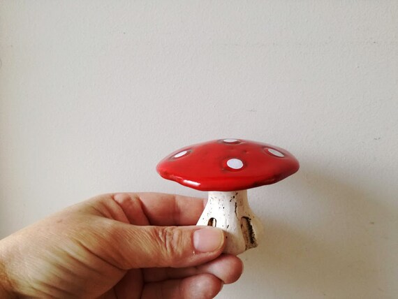 Ceramic mushroom, red white toadstool mushroom, rustic toadstool mushroom, vintage, life size decorative mushroom, red mushroom art object