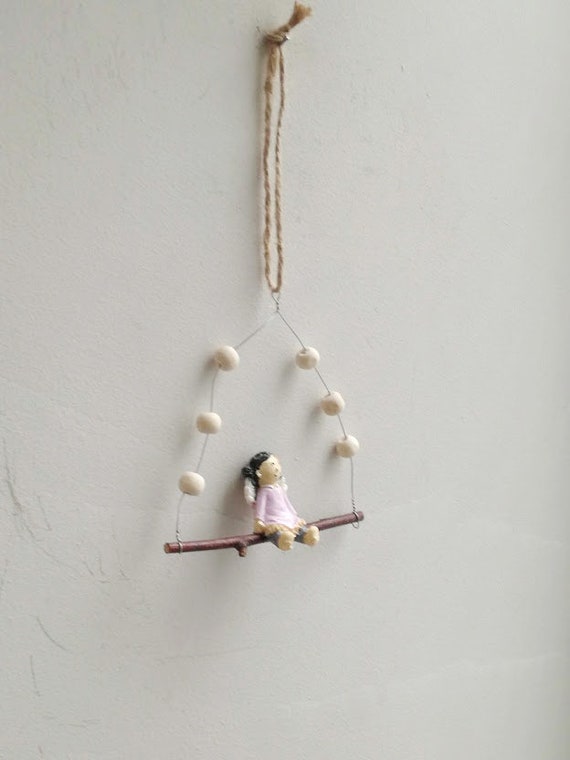 Little girl ornament, Xmas tree girl ornament, angel girl on swing with white beads, unique girly Xmas ornament