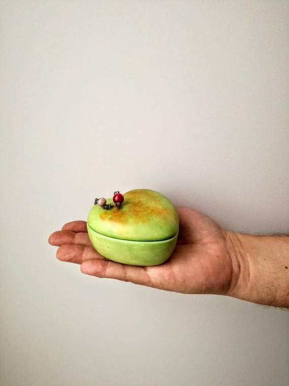 Green heart box, small jewellry box of earthenware clay, in lime green, with beads and ribbons on cap, Valentines heart box, heart favours