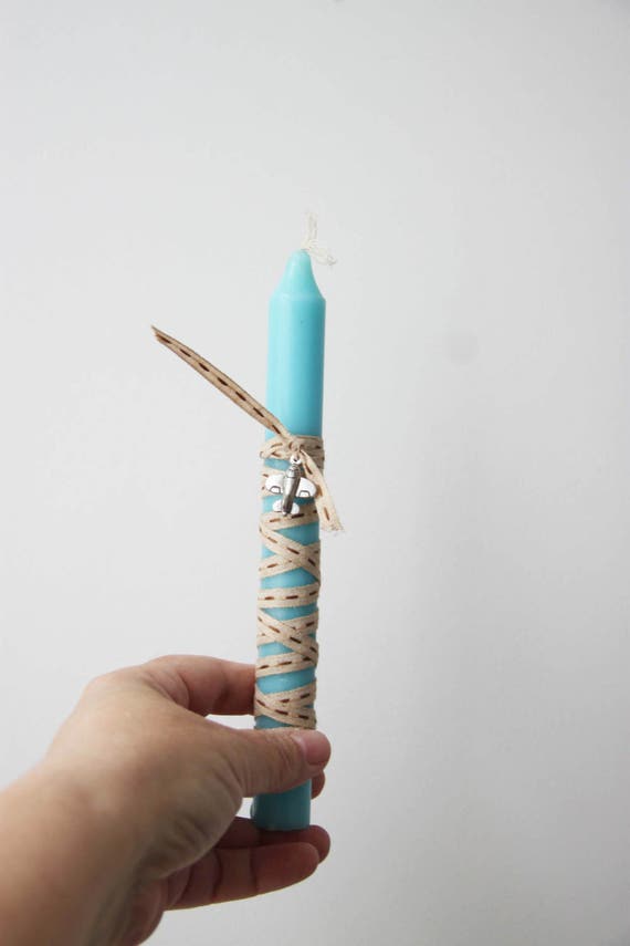 Aeroplane Greek Easter candle for grownups, small blue candle with beige ribbon and airplane charm, Greek lambada, mens teens Greek lambada