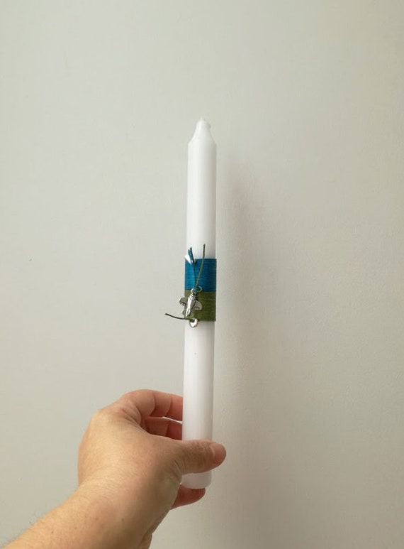Aeroplane Greek Easter candle, short, thick, white green blue candle with airplane charm, minimalist, Easter candle, grownups Greek lambada