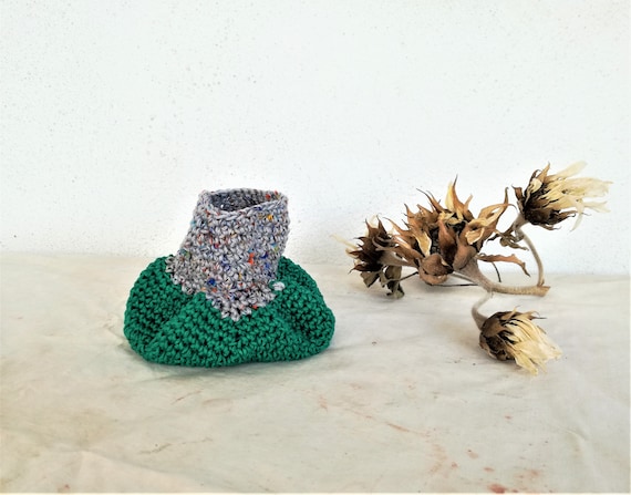 Green crochet vase, green grey crochet vase in shabby style, fluid shape boho hippie crochet container