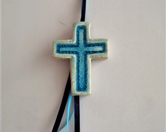 Small ceramic cross, turquoise blue ceramic cross, stoneware handbuilt cross, Greek pottery cross wall hanging