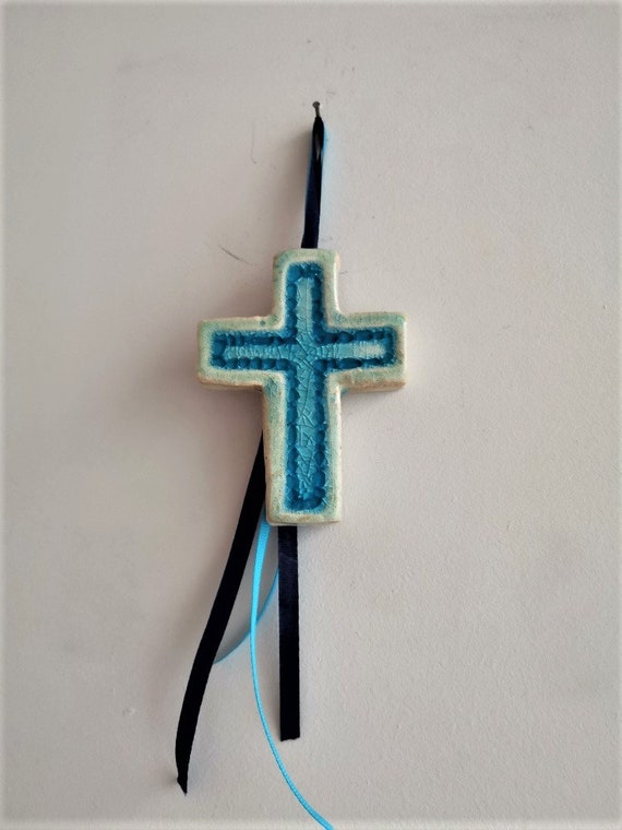 Small ceramic cross, turquoise blue ceramic cross, stoneware handbuilt cross, Greek pottery cross wall hanging