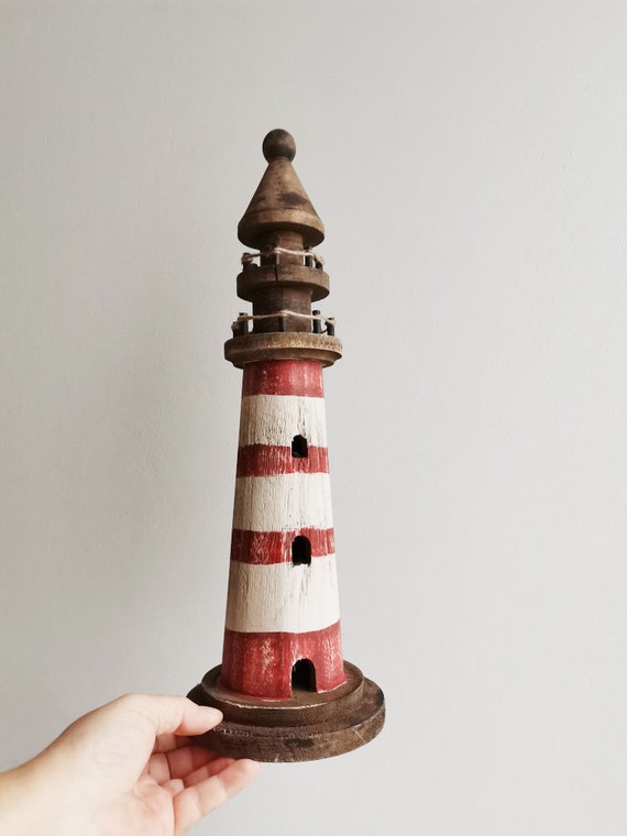 Wooden lighthouse figure, round lighthouse sculpture, boho beach house decor lighthouse, red white lighthouse miniature