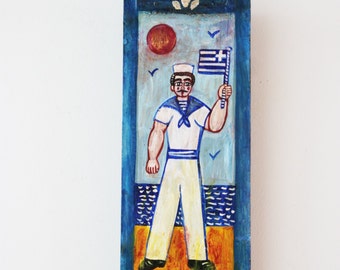 Greek sailor painting, vintage folk art painting of Greek sailor on salvaged wood, art brute- art naif painting of sailor with Greek flag