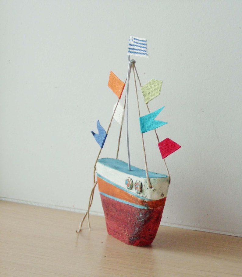 Ceramic sailing boat with colourful flags, stoneware clay boat outline sculpture with wire mast and fabric flags image 2