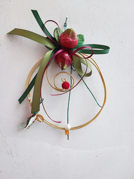 Ceramic pomegranates wreath, small pomegranates wreath of red pomegranates, bronze wire, ribbons and strings, mini pomegranates wreath