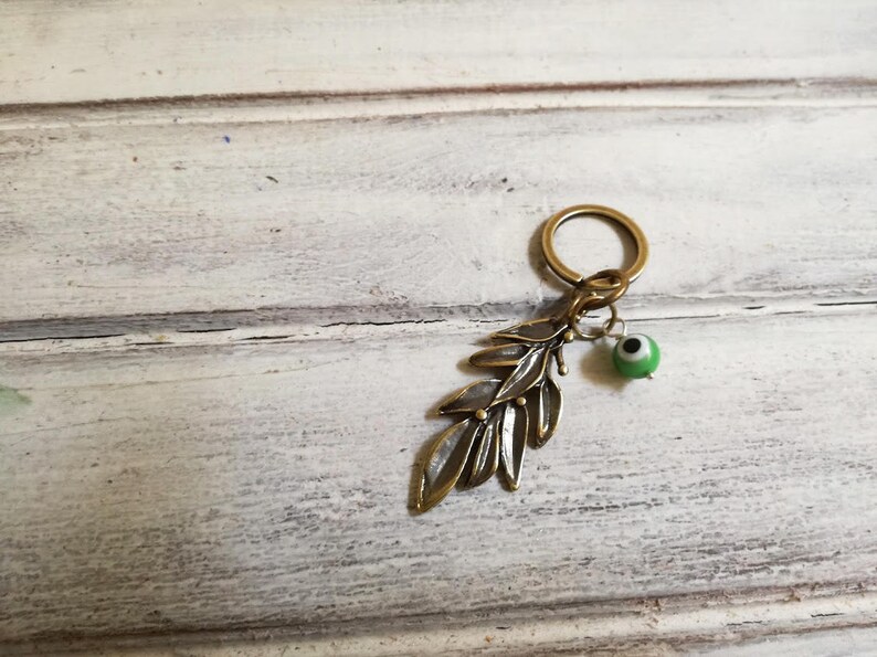 Olive Branch Keychain Brass Olive Branch With Green Eye Etsy