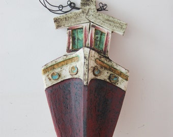 Rustic ship bow, ceramic ship bow with wire steam and captains cabin, colourful ceramic ship, Greek folk art, Greek ship wall hanging