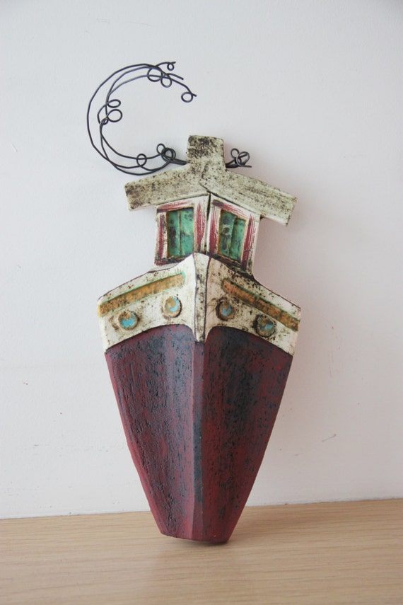Rustic ship bow, ceramic ship bow with wire steam and captains cabin, colourful ceramic ship, Greek folk art, Greek ship wall hanging