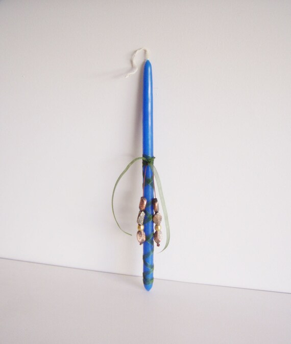 Greek Easter candle for men, royal  blue candle with copper worry beads, open worry beads, begleri on blue, Easter candle, Greek lambada