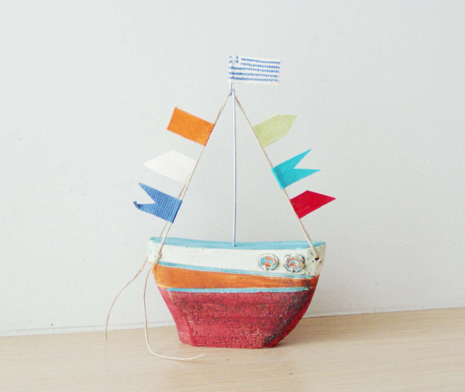 Ceramic Sailing Boat With Colourful Flags, Stoneware Clay Boat Outline
